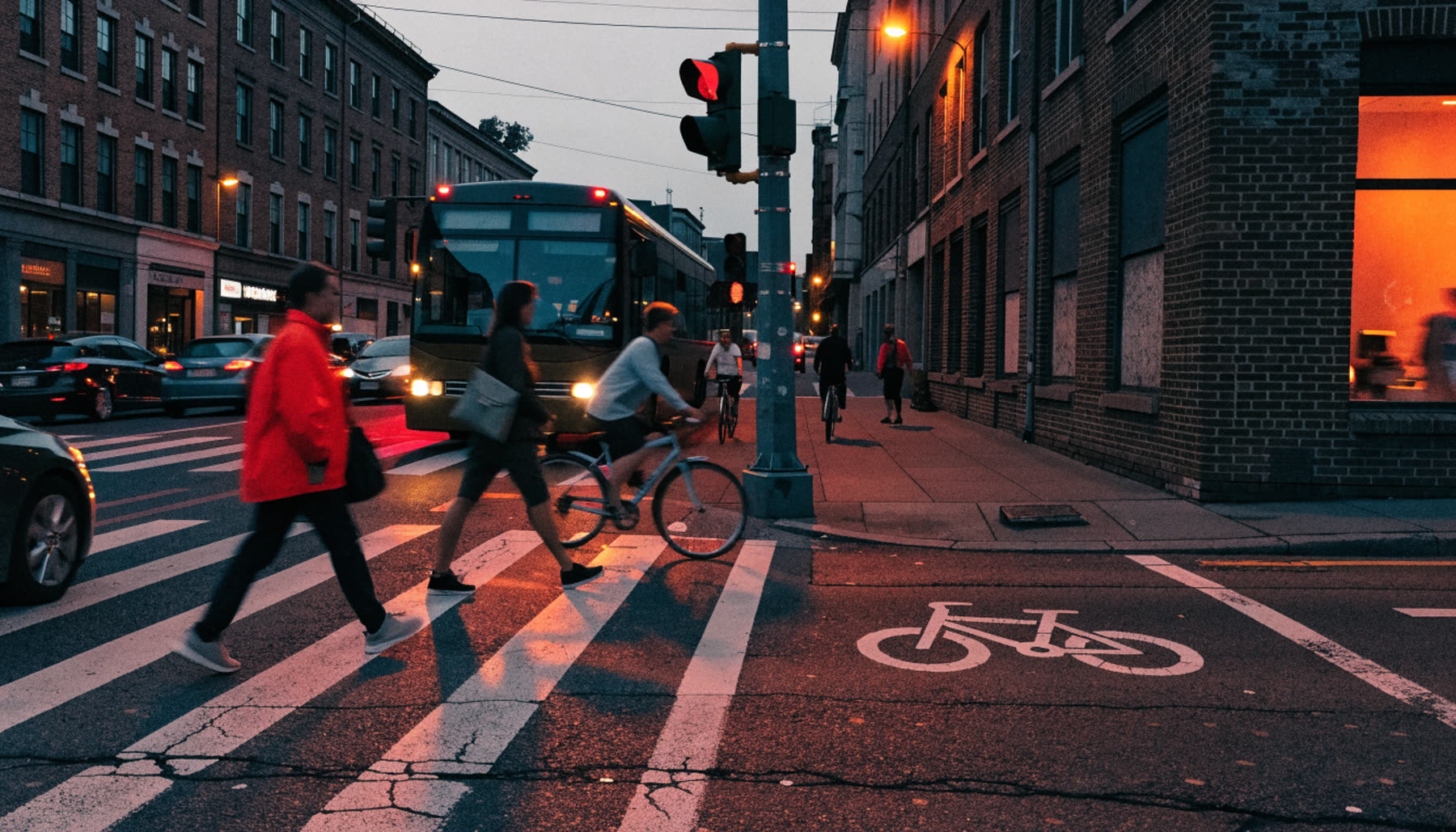 Pedestrians and cyclists crossing a busy downtown intersection in front of a city bus